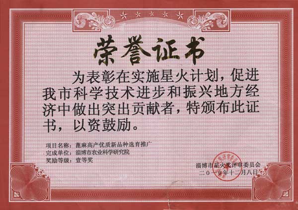 Dec.2010, the first prize of Spark Award of Zibo City